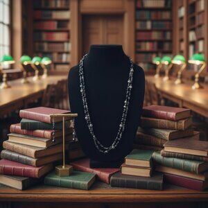 Premier Designs Black & Silver Beaded Long Necklace & Earring Set